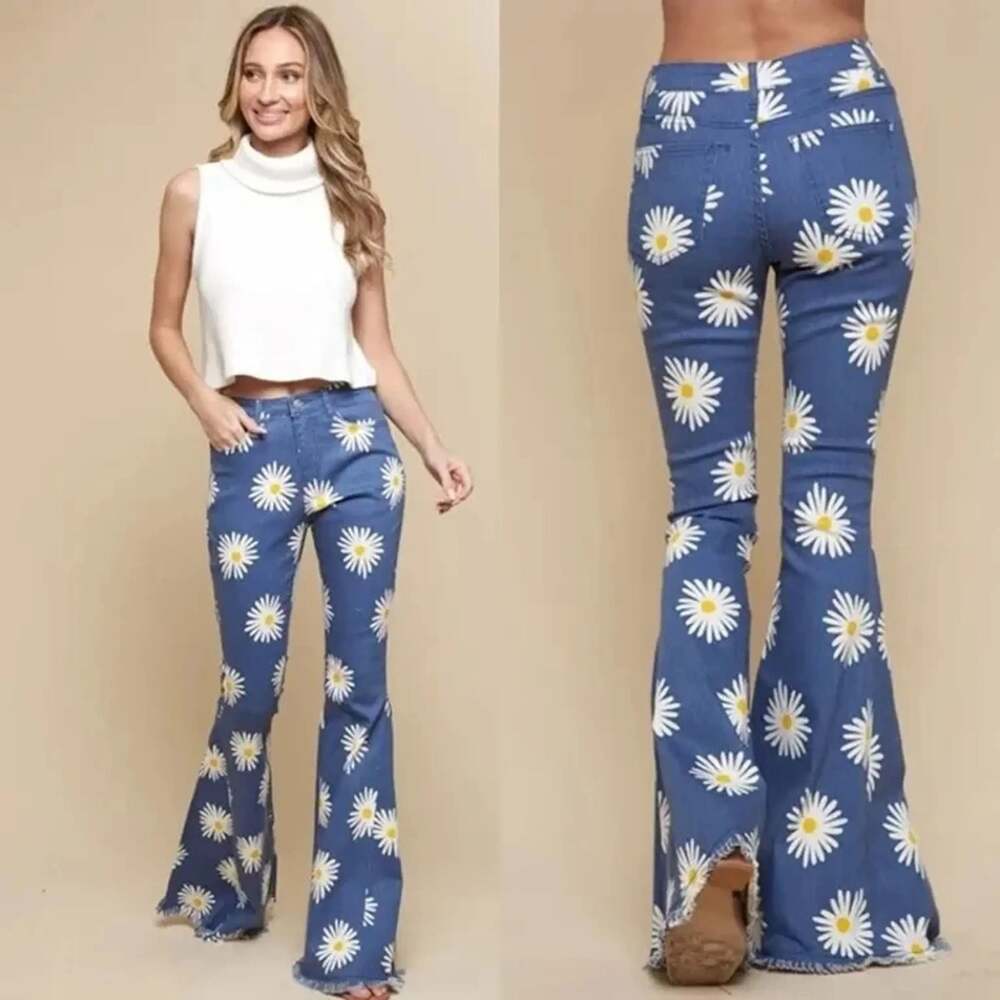 Altar'd State Daisy Print High Rise Groovy 70s Flare Jeans